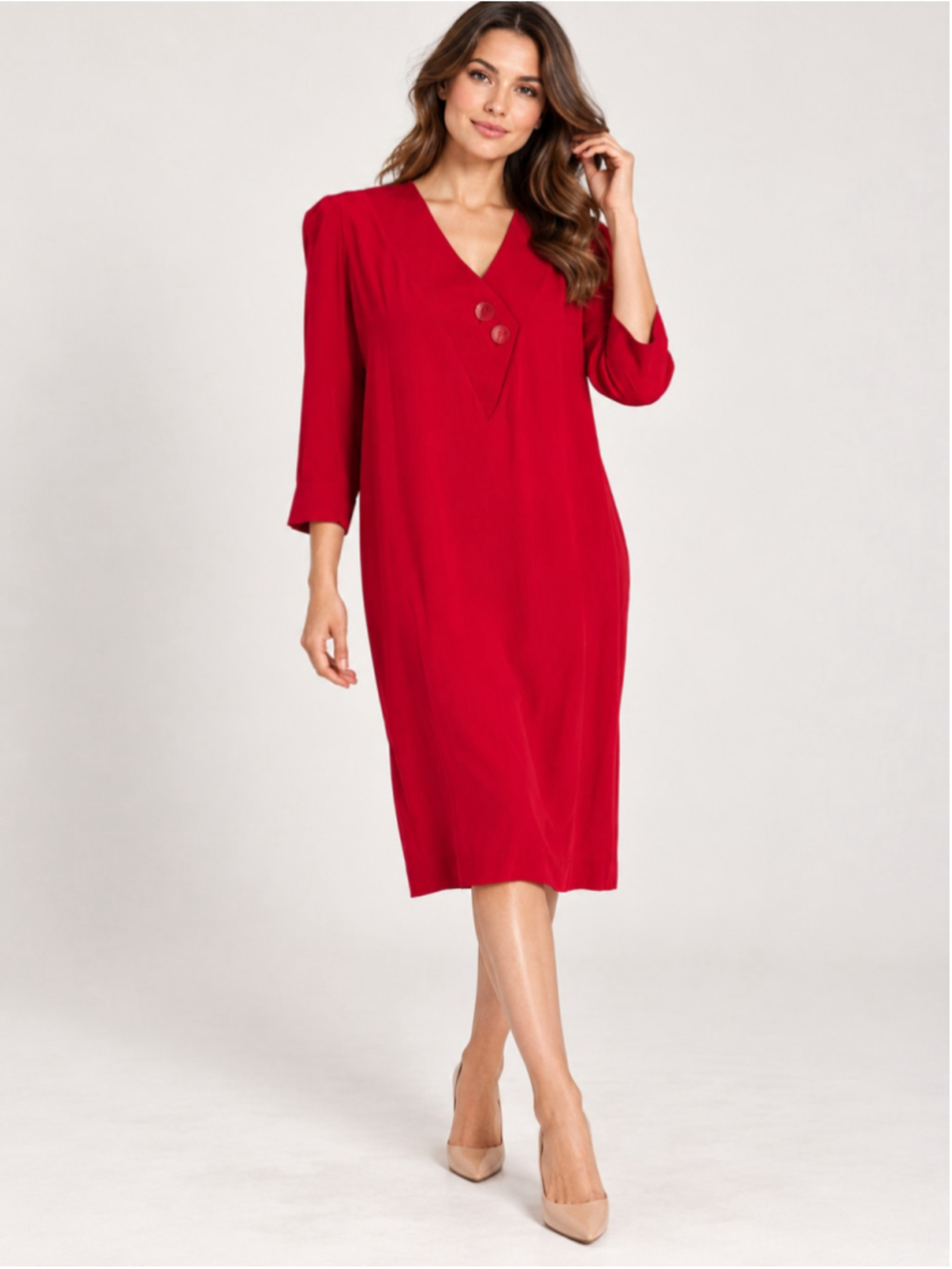 Vintage 80s Silk Studio 100% Silk Red Shift Dress Sz 14 Button V Neck Midi